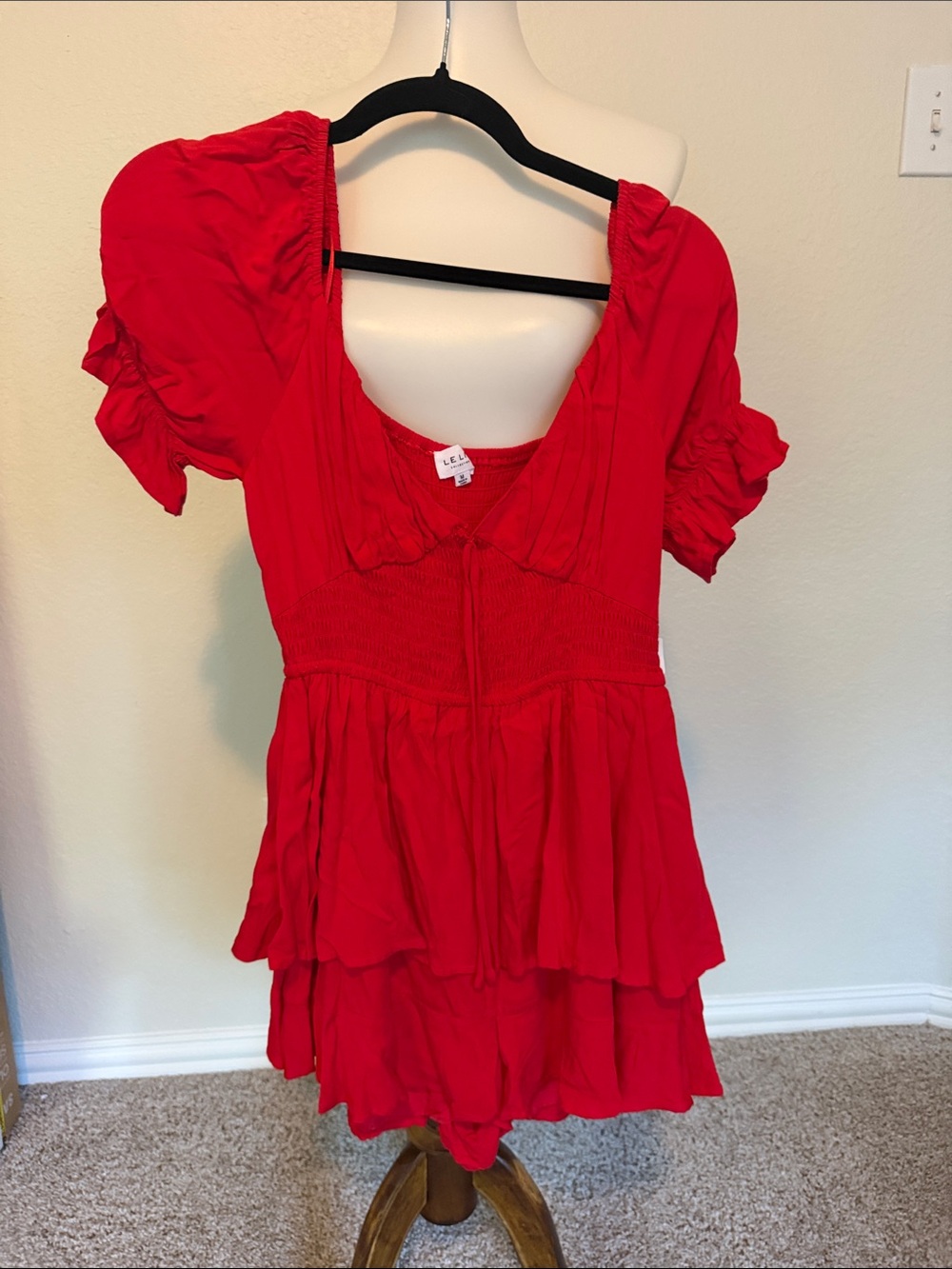 Le Lis Bright Red Puff Sleeve Tiered V-Neck Romper